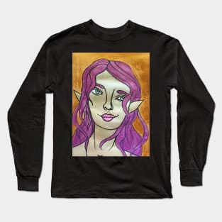 Elf With Purple Hair Mixed Media Illustration Long Sleeve T-Shirt